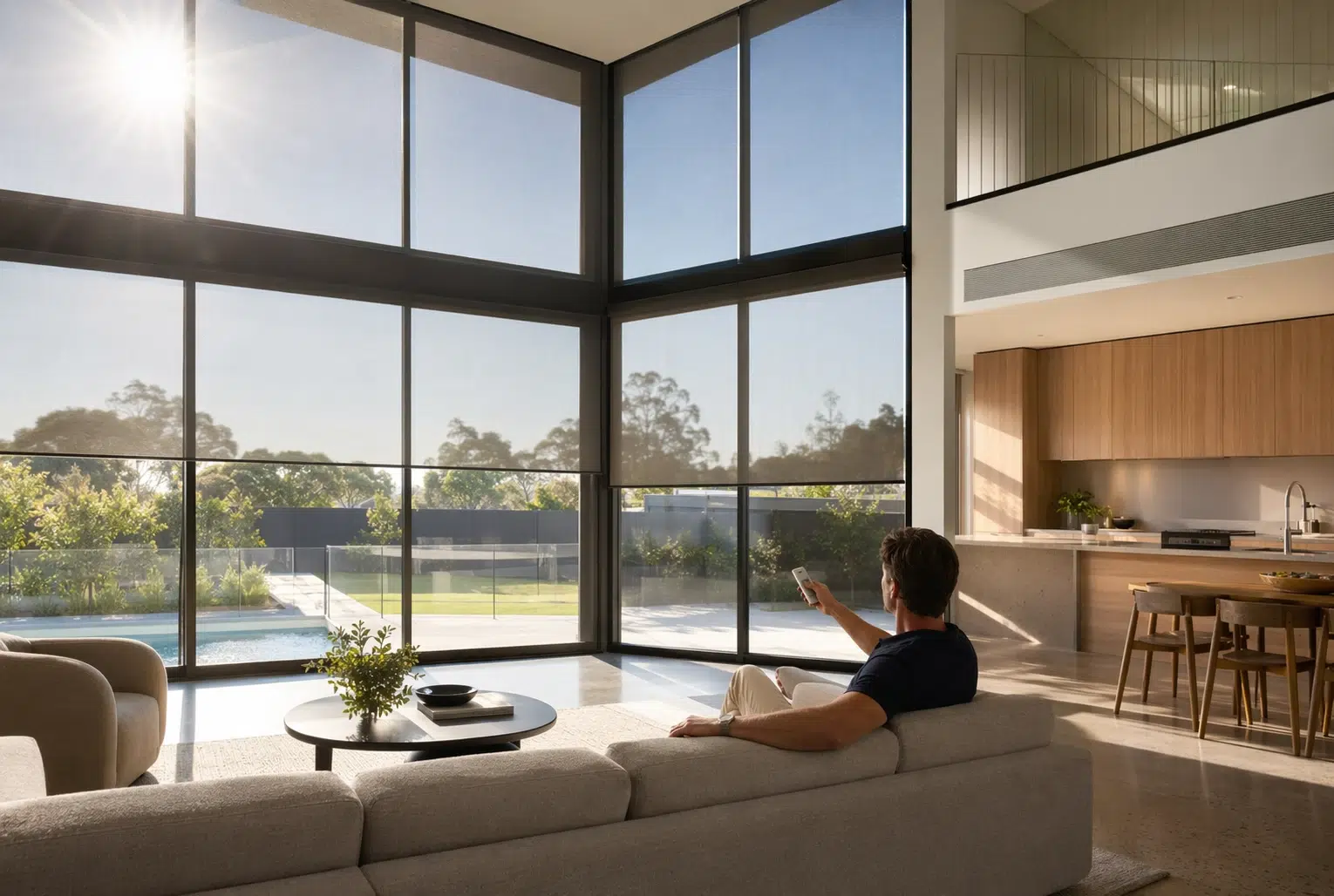 Homeowner adjusting motorised blinds on large corner windows