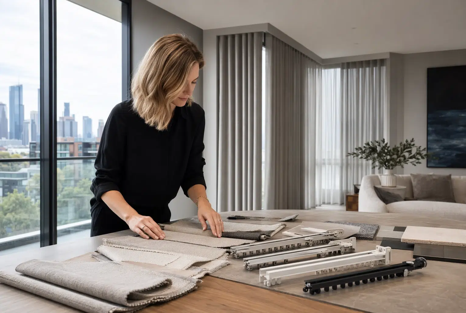 Designer reviewing fabric swatches with track samples in a modern Melbourne apartment