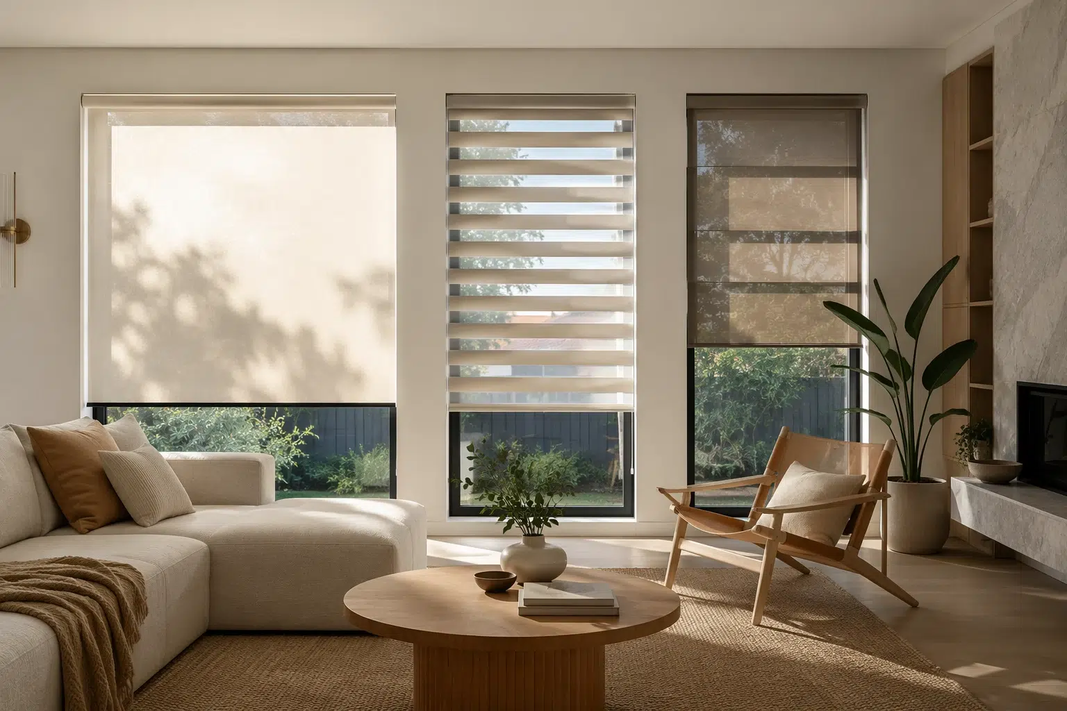 Sunlit Melbourne living room with roller and dual blinds
