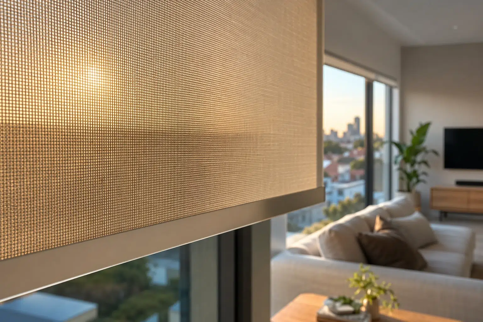 Close-up of textured roller blind filtering afternoon light